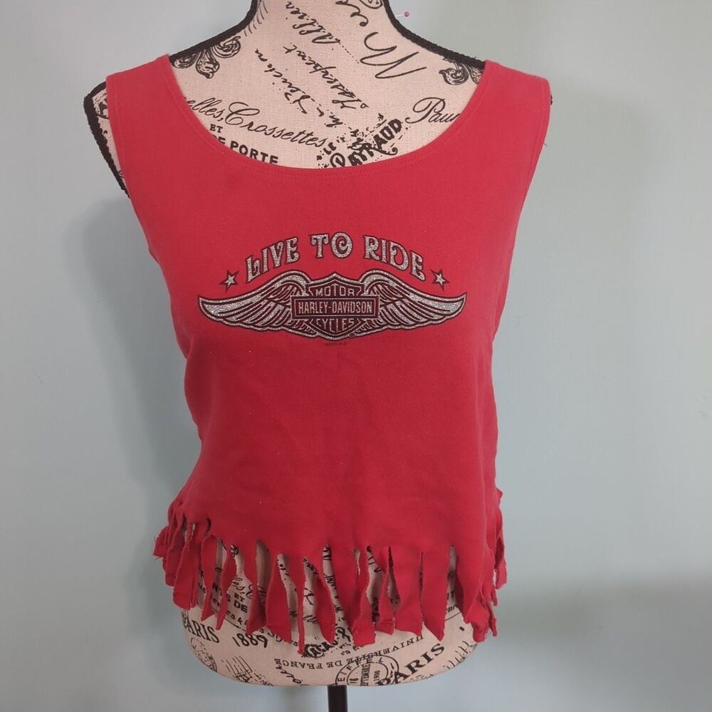 Harley Davidson Womens Large Red Sleeveless Tank Top Augusta Georgia fringe crop